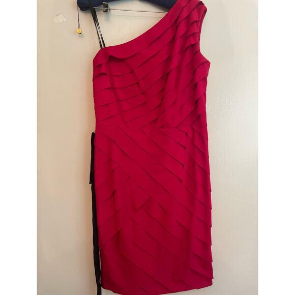 Tadashi Shoji Cherry Red One Shoulder Tiered Jersey Midi Dress Size XL - Picture 7 of 8
